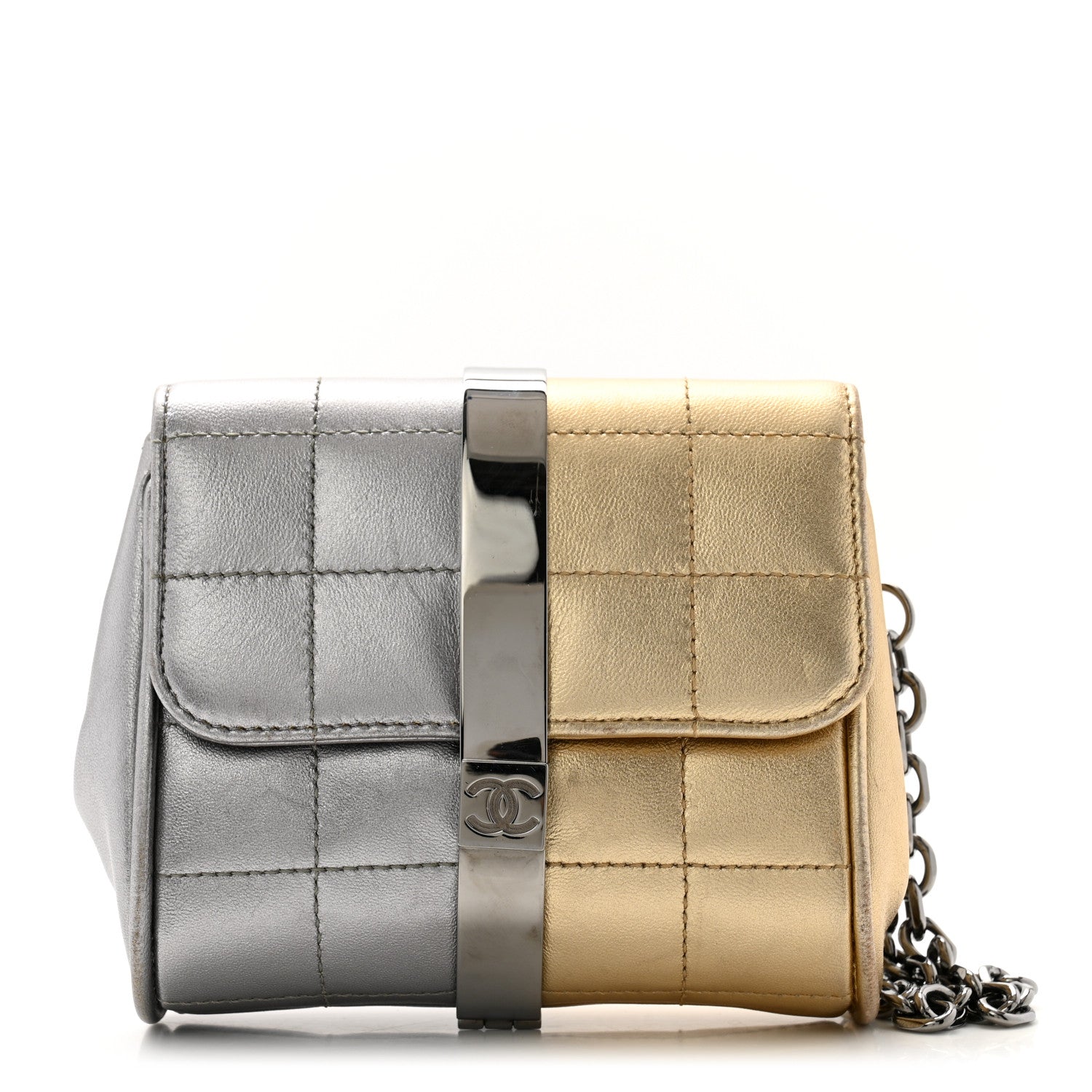 Chanel Metallic Lambskin Square Quilted Wristlet Clutch Gold Silver 1 of 10