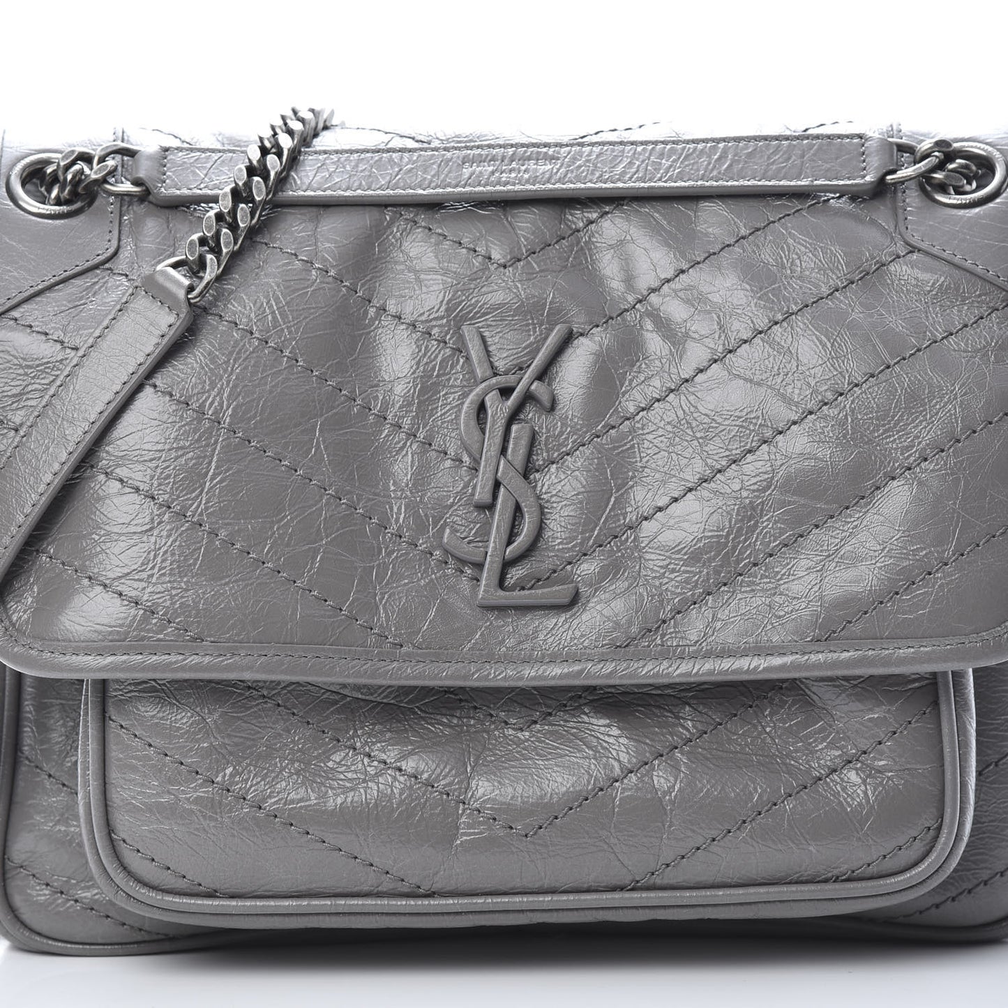 Crinkled Calfskin Matelasse Monogram Medium Niki Chain Satchel Light Gray