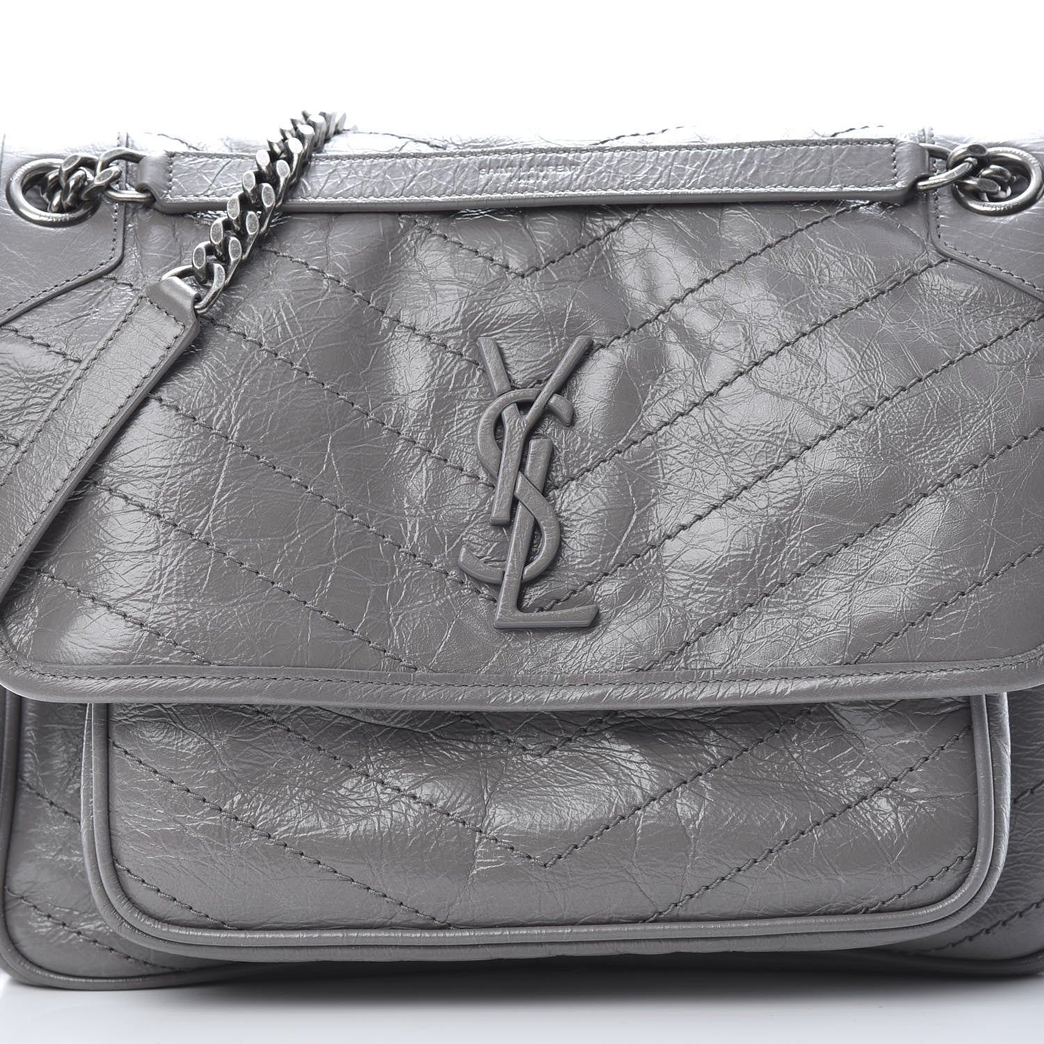 Saint Laurent Crinkled Calfskin Matelasse Monogram Medium Niki Chain Satchel Light Gray 8 of 12
