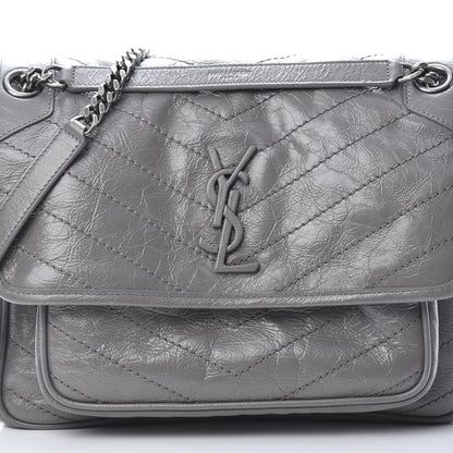 Saint Laurent Crinkled Calfskin Matelasse Monogram Medium Niki Chain Satchel Light Gray 8 of 12