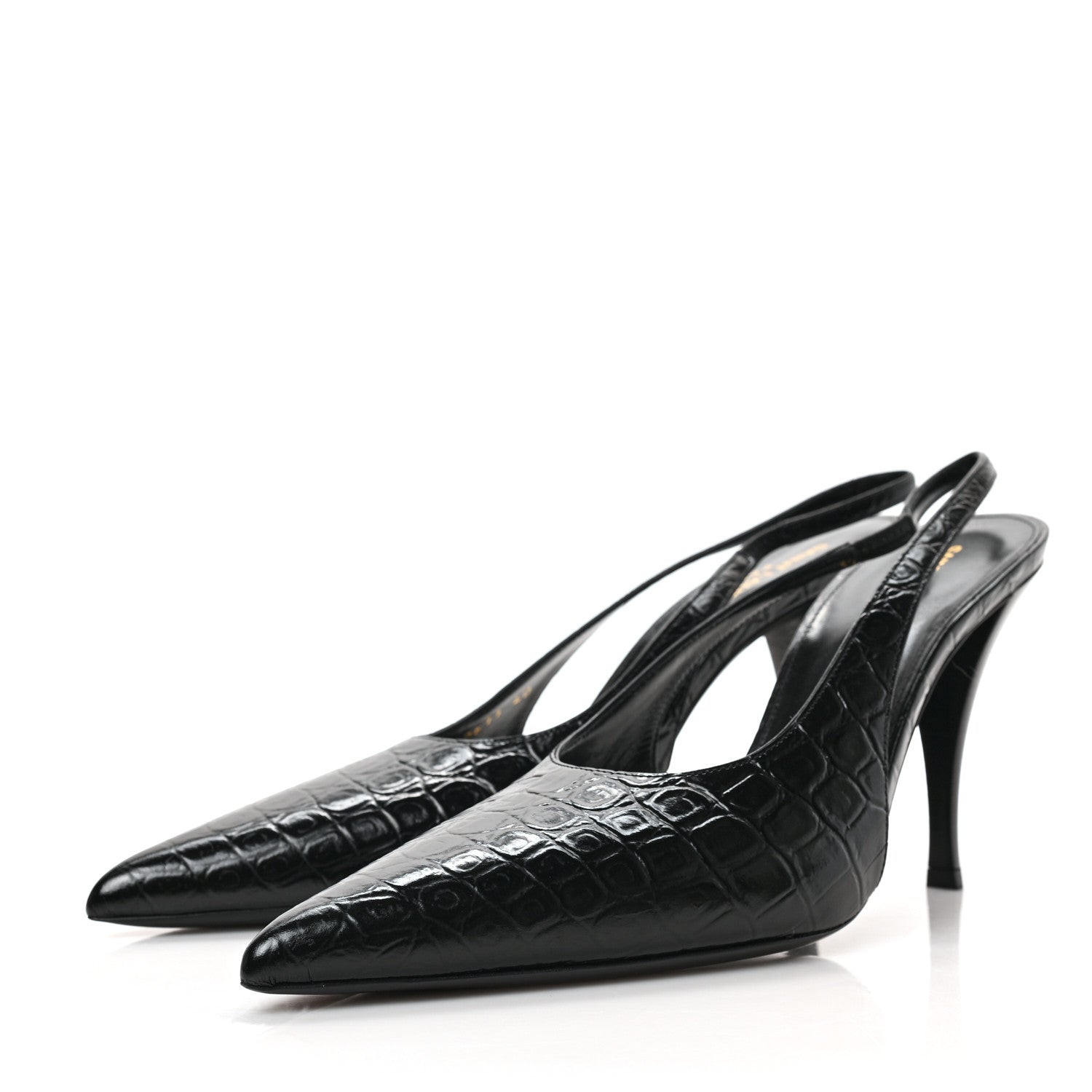 Saint Laurent Calfskin Crocodile Embossed Viper 90 Slingback Pumps 40 Black 3 of 8