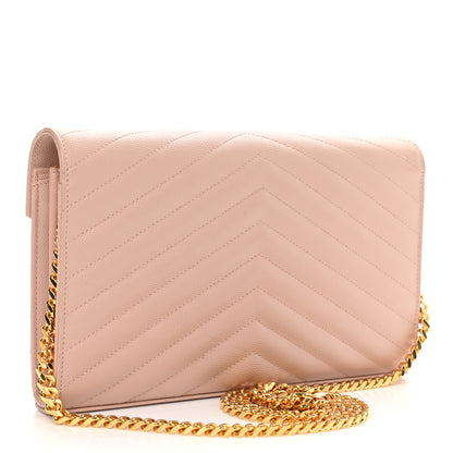 Saint Laurent Grain De Poudre Matelasse Chevron Monogram Chain Wallet Pale Pink 3 of 13