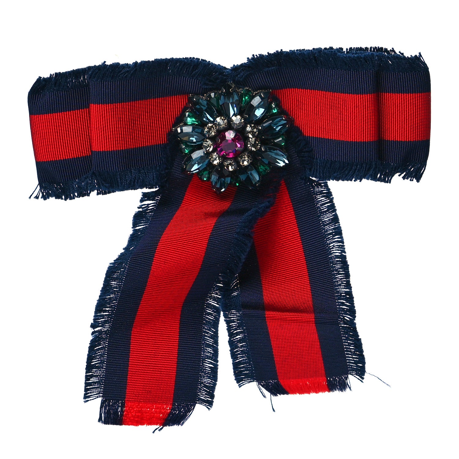 Gucci Grosgrain Web Crystal Bow Brooch Blue Red 1 of 6