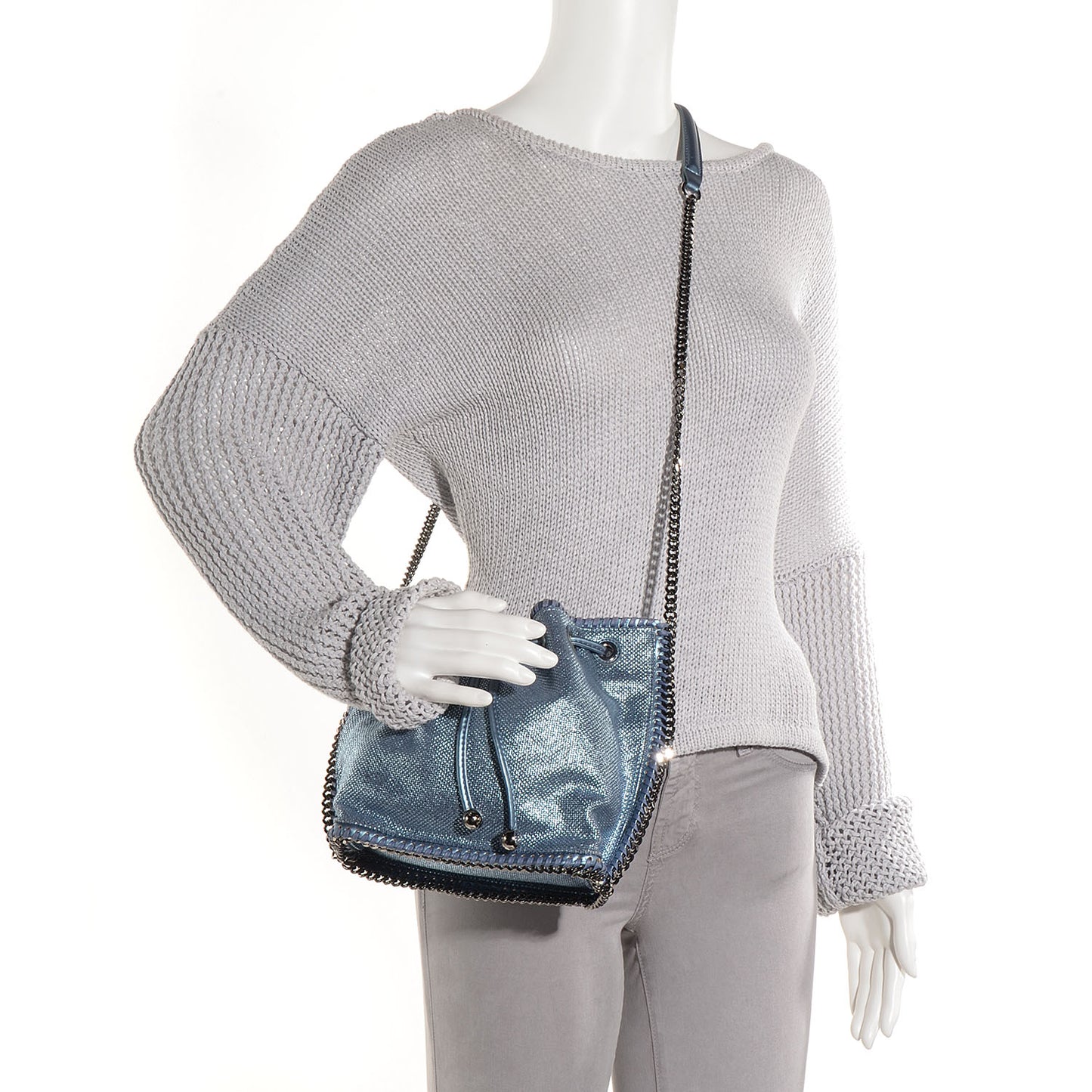 Raffia Woven Mini Bucket Falabella Bag Metallic Blue