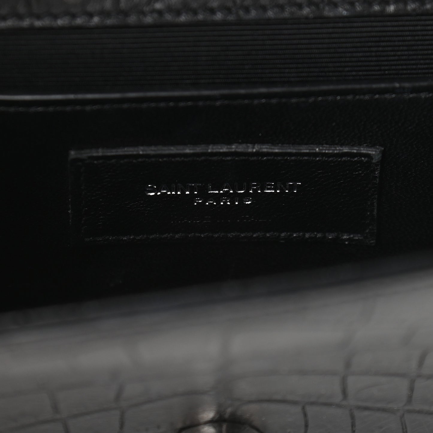 Calfskin Crocodile Embossed Small Classic Monogram Kate Tassel Satchel Black