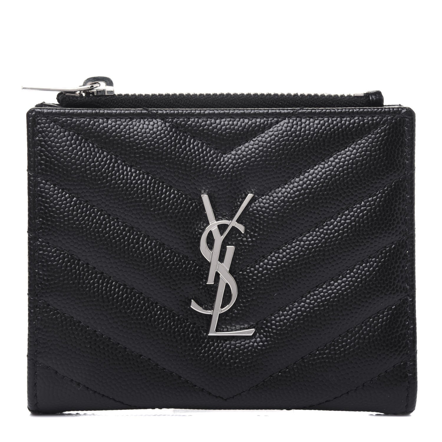 Saint Laurent Grain De Poudre Matelasse Chevron Monogram Zipped Card Case Black 1 of 12