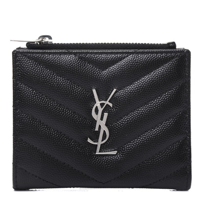 Saint Laurent Grain De Poudre Matelasse Chevron Monogram Zipped Card Case Black 1 of 12