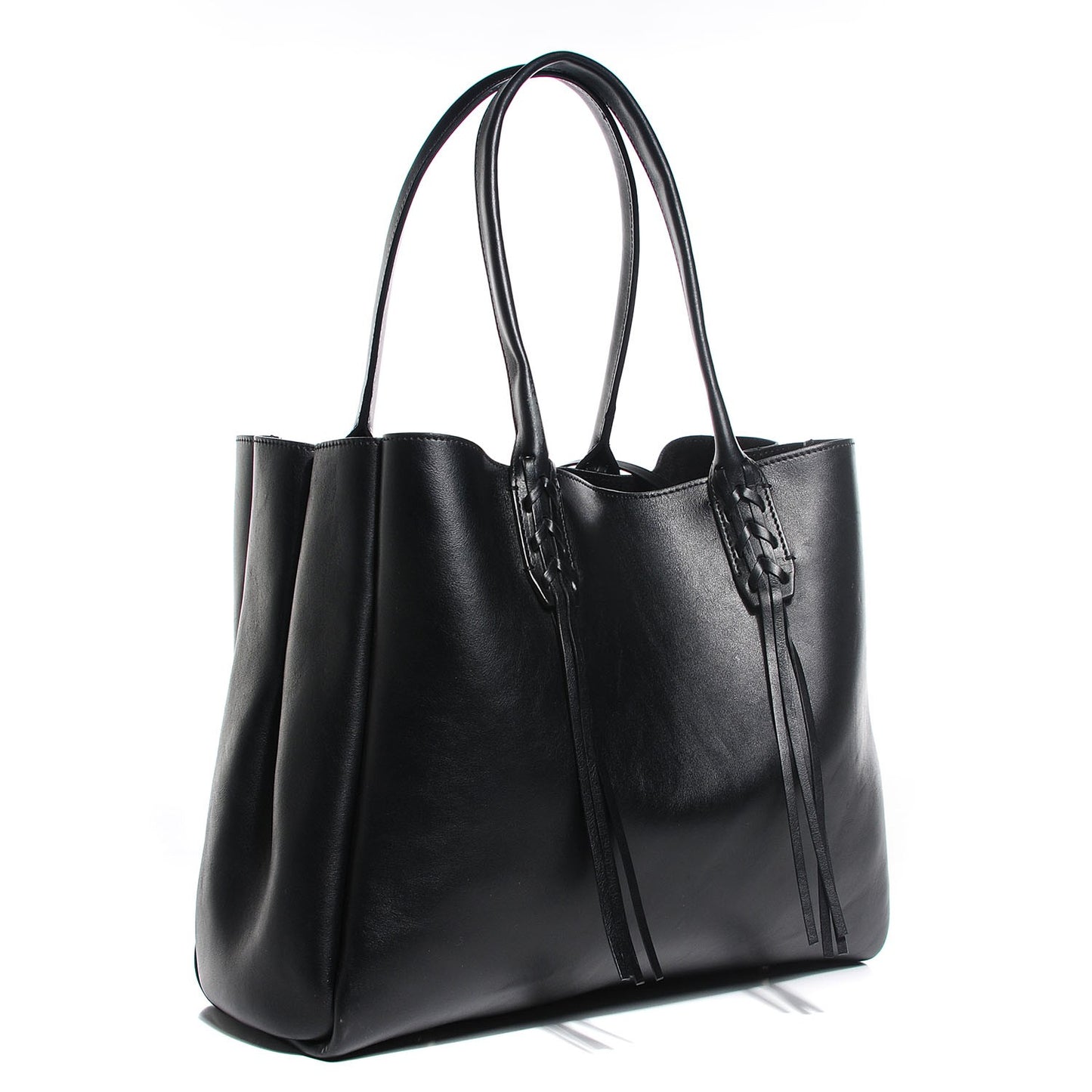 Smooth Calfskin Medium Fringe Shopper Tote Black