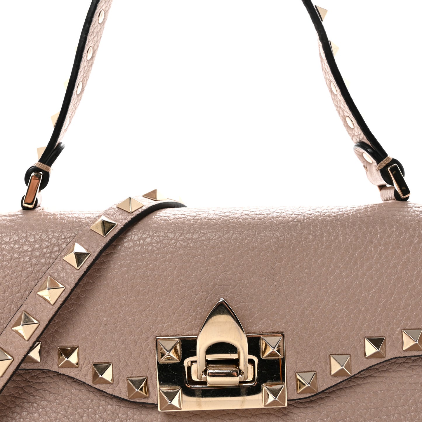 Pebbled Calfskin Medium Rockstud Top Handle Shoulder Bag Poudre
