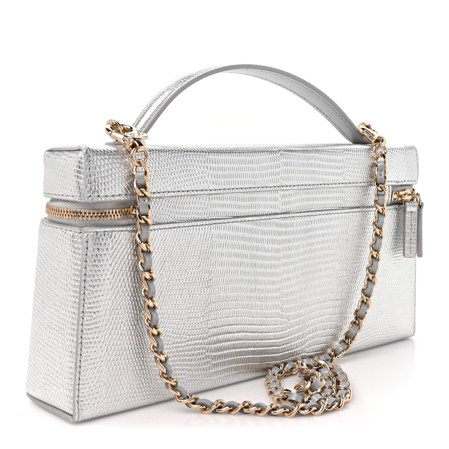 Lizard Embossed Calfskin Top Handle Slim Vanity With Chain Silvery