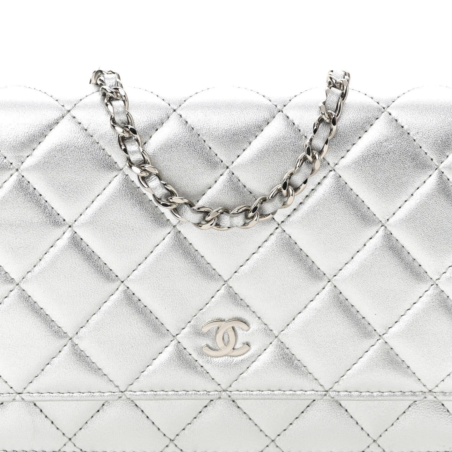 Chanel Metallic Lambskin Quilted Wallet On Chain WOC Silver 9 of 12