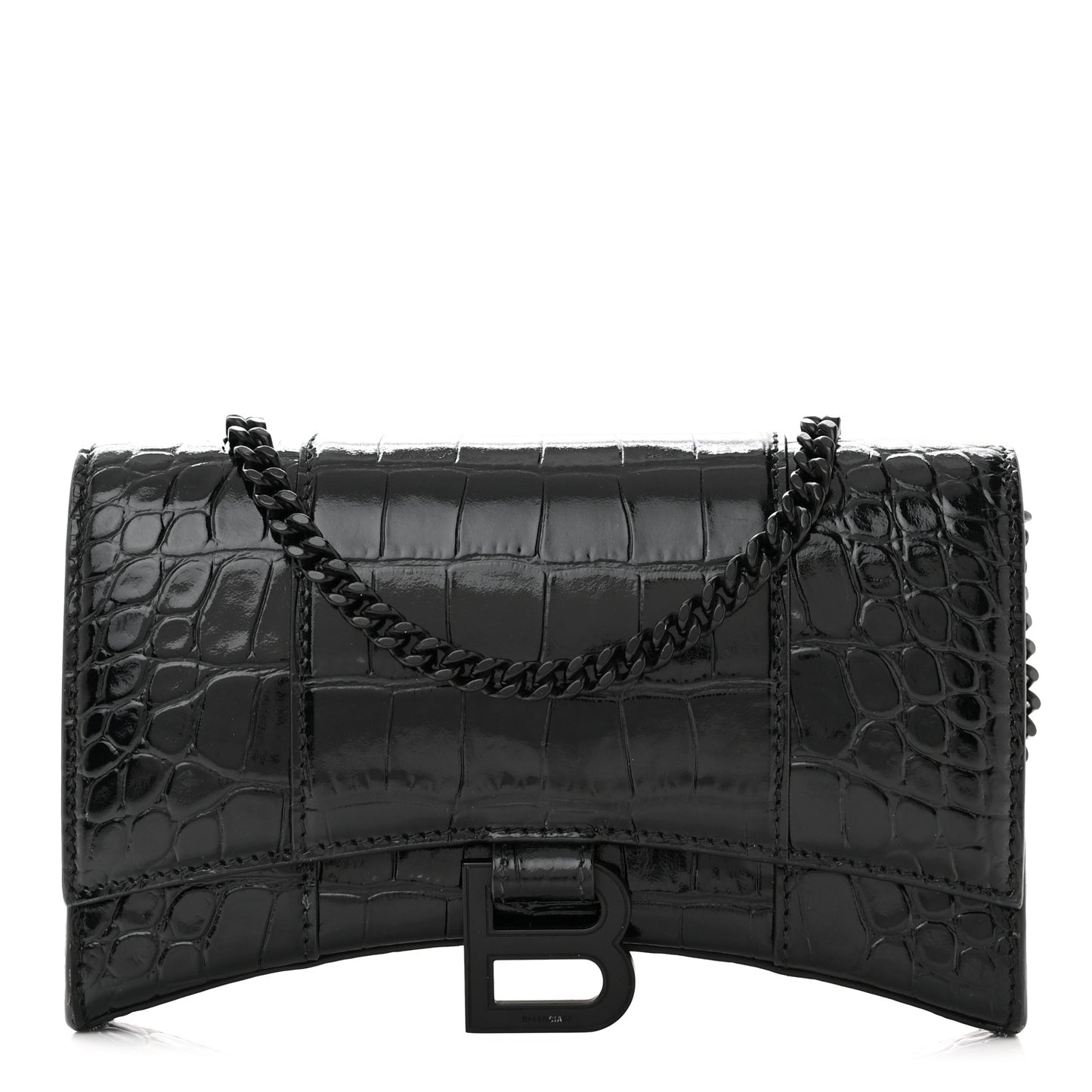 Shiny Calfskin Monochrome Crocodile Embossed Hourglass Chain Bag Black