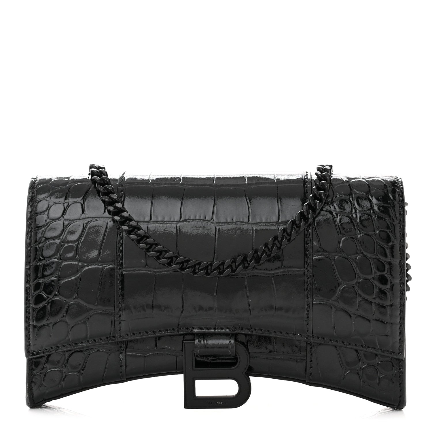 Balenciaga Shiny Calfskin Monochrome Crocodile Embossed Hourglass Chain Bag Black 1 of 11