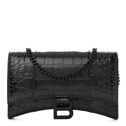 Balenciaga Shiny Calfskin Monochrome Crocodile Embossed Hourglass Chain Bag Black 1 of 11