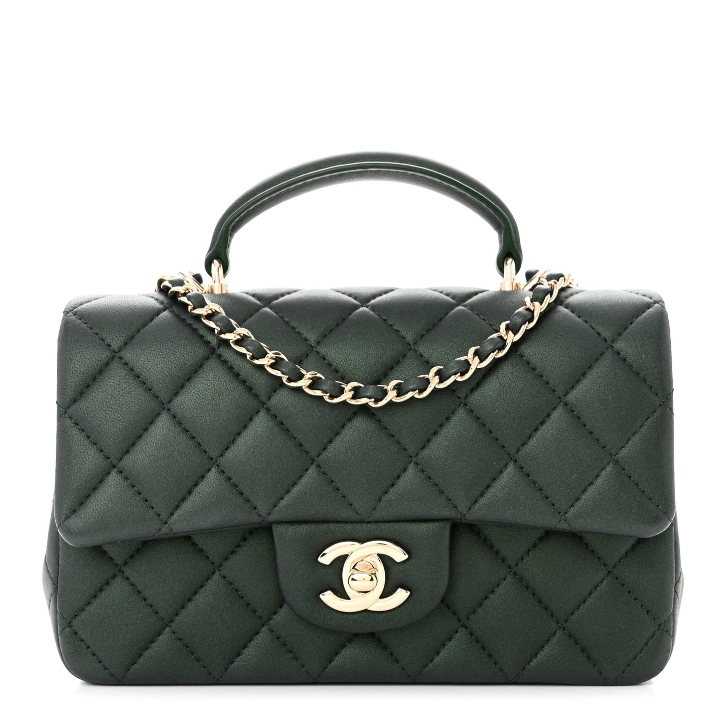 Iridescent Lambskin Quilted Mini Top Handle Rectangular Flap Dark Green