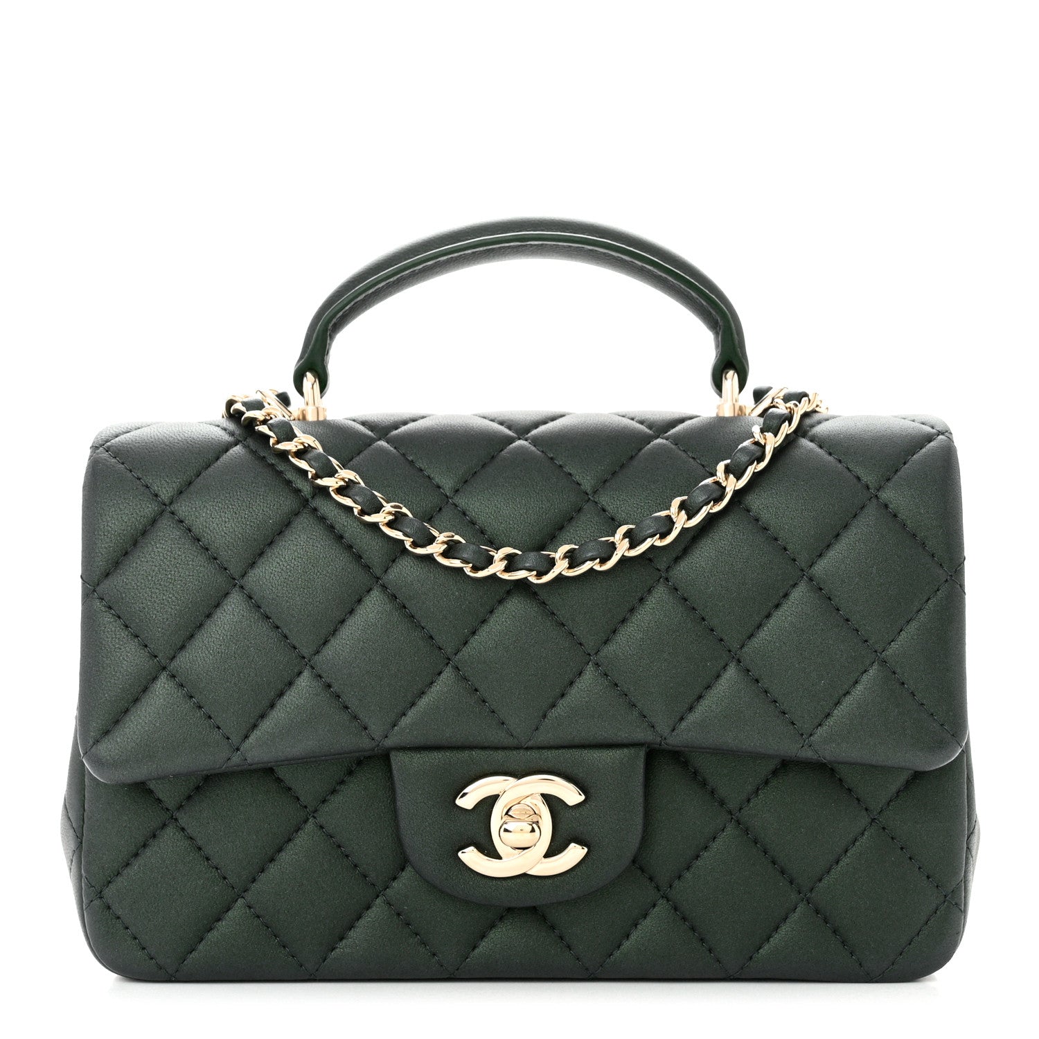 Chanel Iridescent Lambskin Quilted Mini Top Handle Rectangular Flap Dark Green 1 of 10