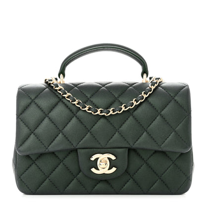 Chanel Iridescent Lambskin Quilted Mini Top Handle Rectangular Flap Dark Green 1 of 10