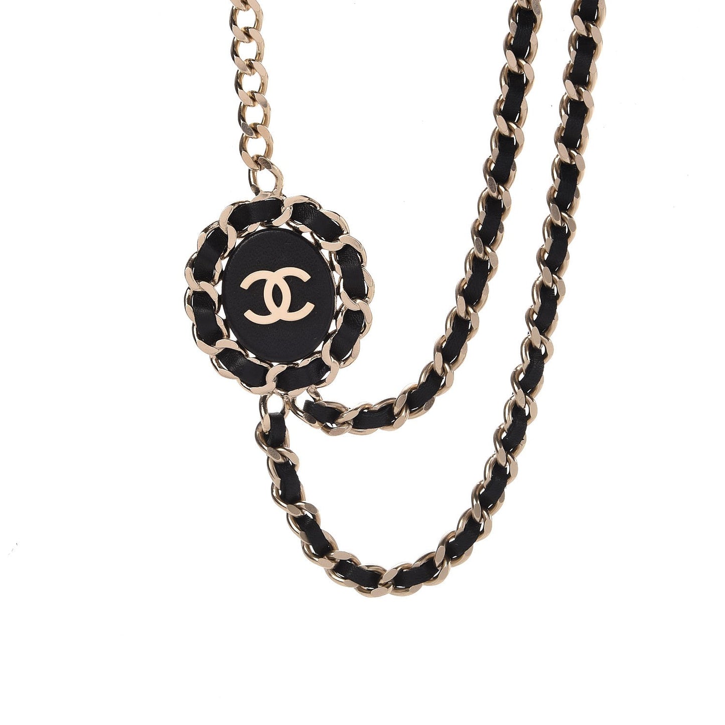 Lambskin CC Long Chain Necklace Black Gold