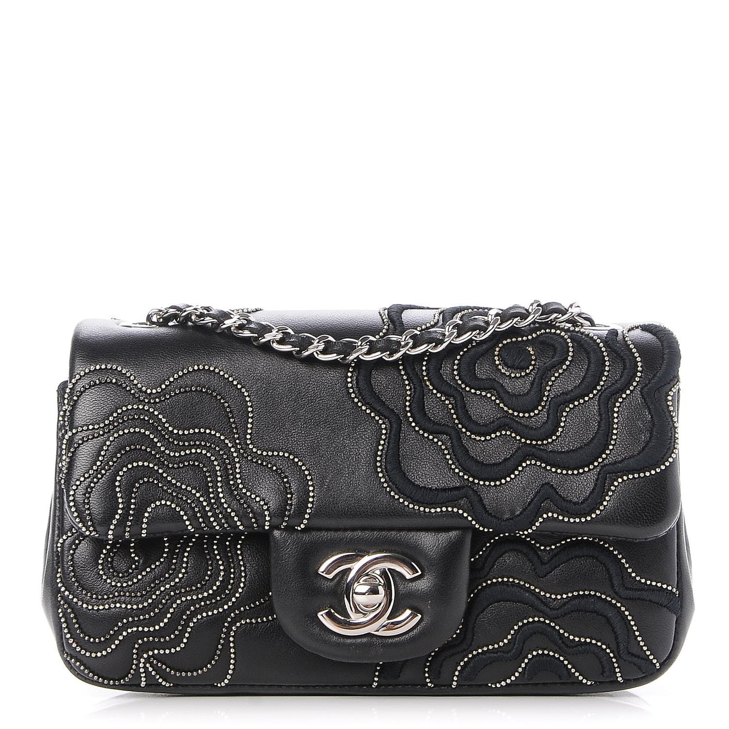 Lambskin Studded Camellia Embroidered Mini Rectangular Flap Black