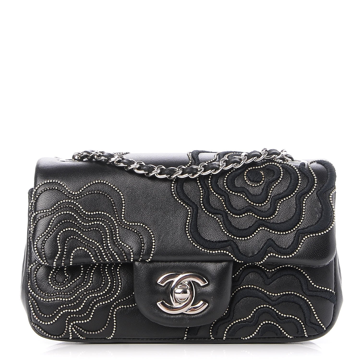 Chanel Lambskin Studded Camellia Embroidered Mini Rectangular Flap Black 1 of 13