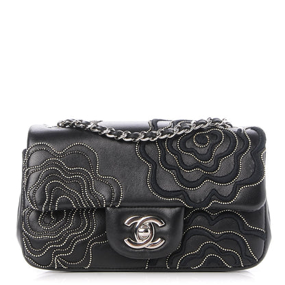 Chanel Lambskin Studded Camellia Embroidered Mini Rectangular Flap Black 1 of 13