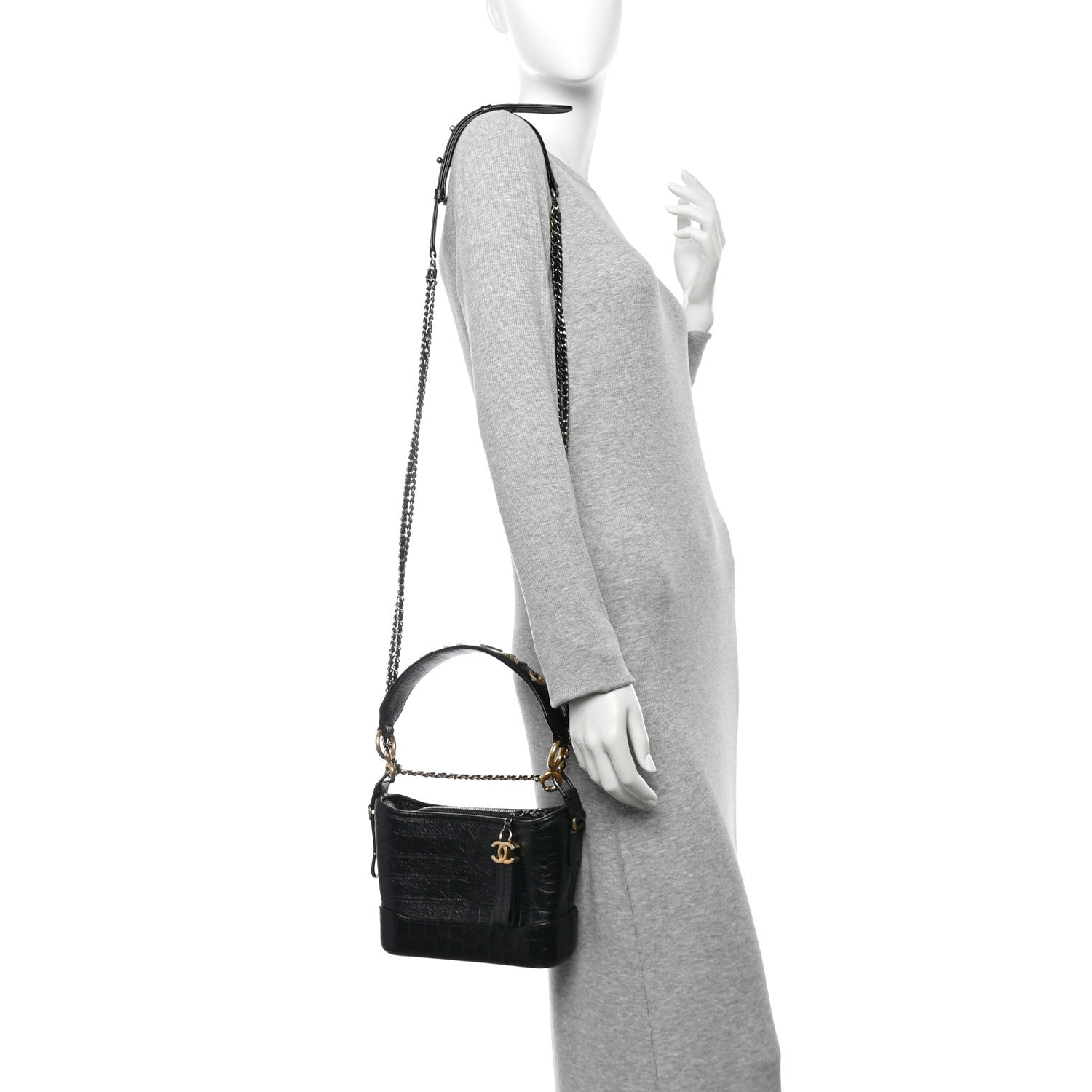 Chanel Calfskin Crocodile Embossed Small Gabrielle Cocodile Hobo Black 2 of 10