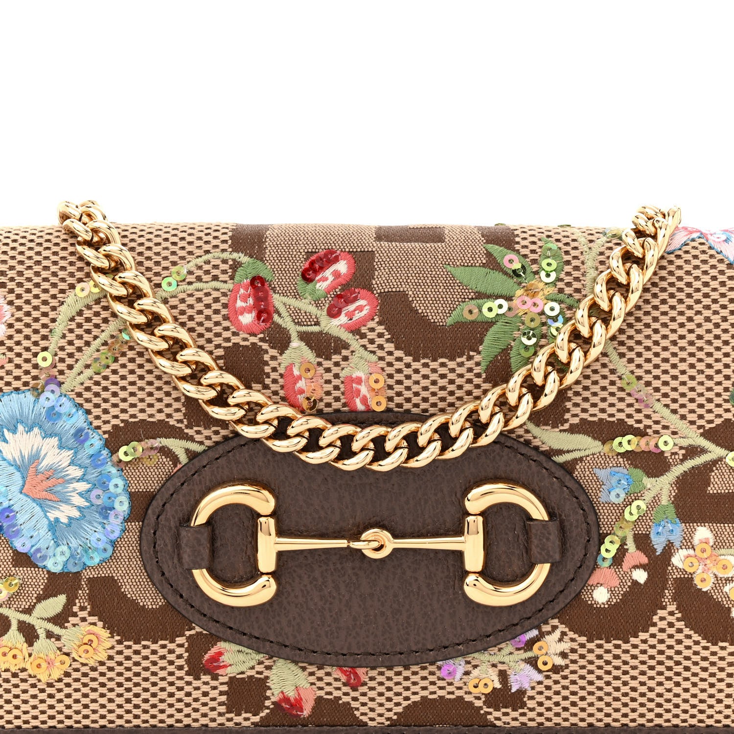 Gucci Monogram Jumbo GG Textured Dollar Calfskin Embroidered Horsebit 1955 Wallet On Chain Camel Ebony New Acero Multicolor 8 of 10