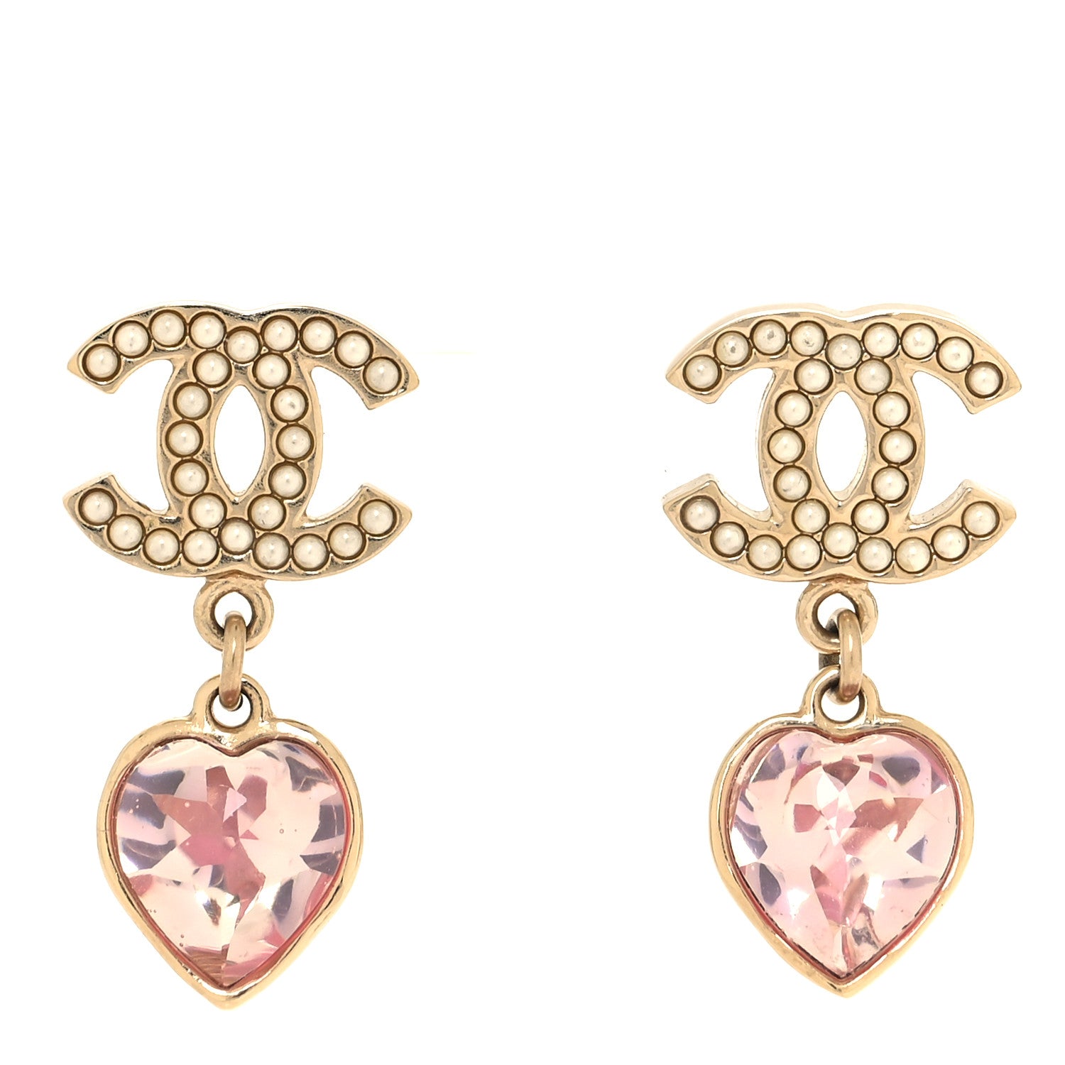 Chanel Crystal Pearl Heart CC Drop Earrings Pink Gold 1 of 5