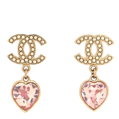 Chanel Crystal Pearl Heart CC Drop Earrings Pink Gold 1 of 5