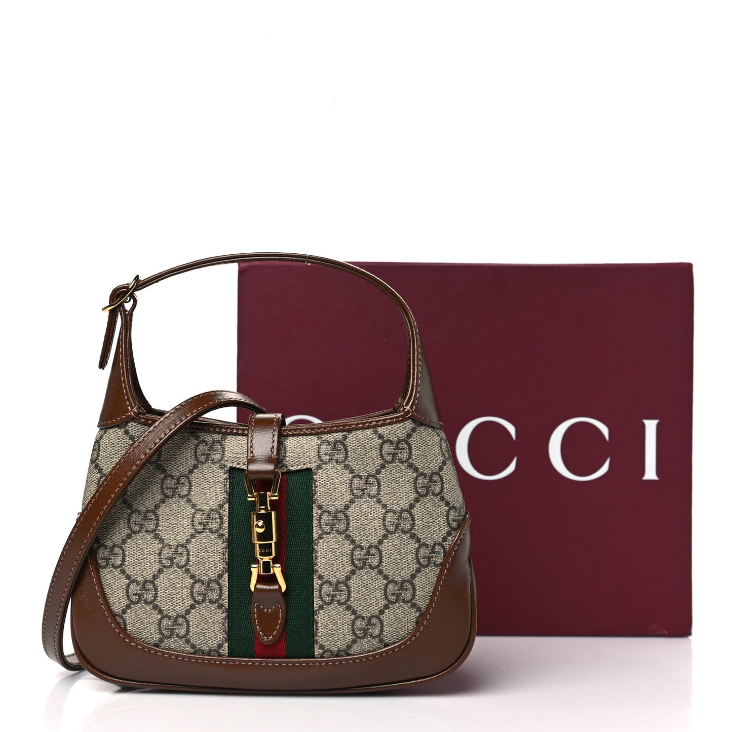 GG Supreme Monogram Azalea Calfskin Web Mini Jackie 1961 Hobo Beige Ebony Brown Sugar
