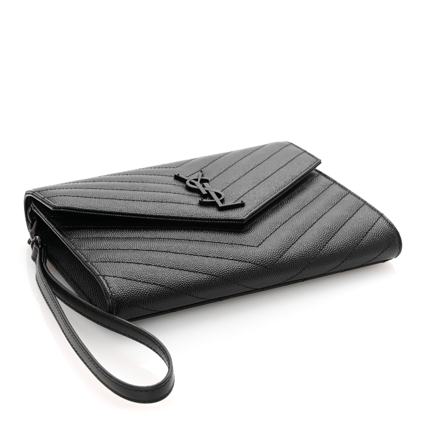 Saint Laurent Grain De Poudre Matelasse Chevron Monogram Monochrome Envelope Clutch Black 4 of 7