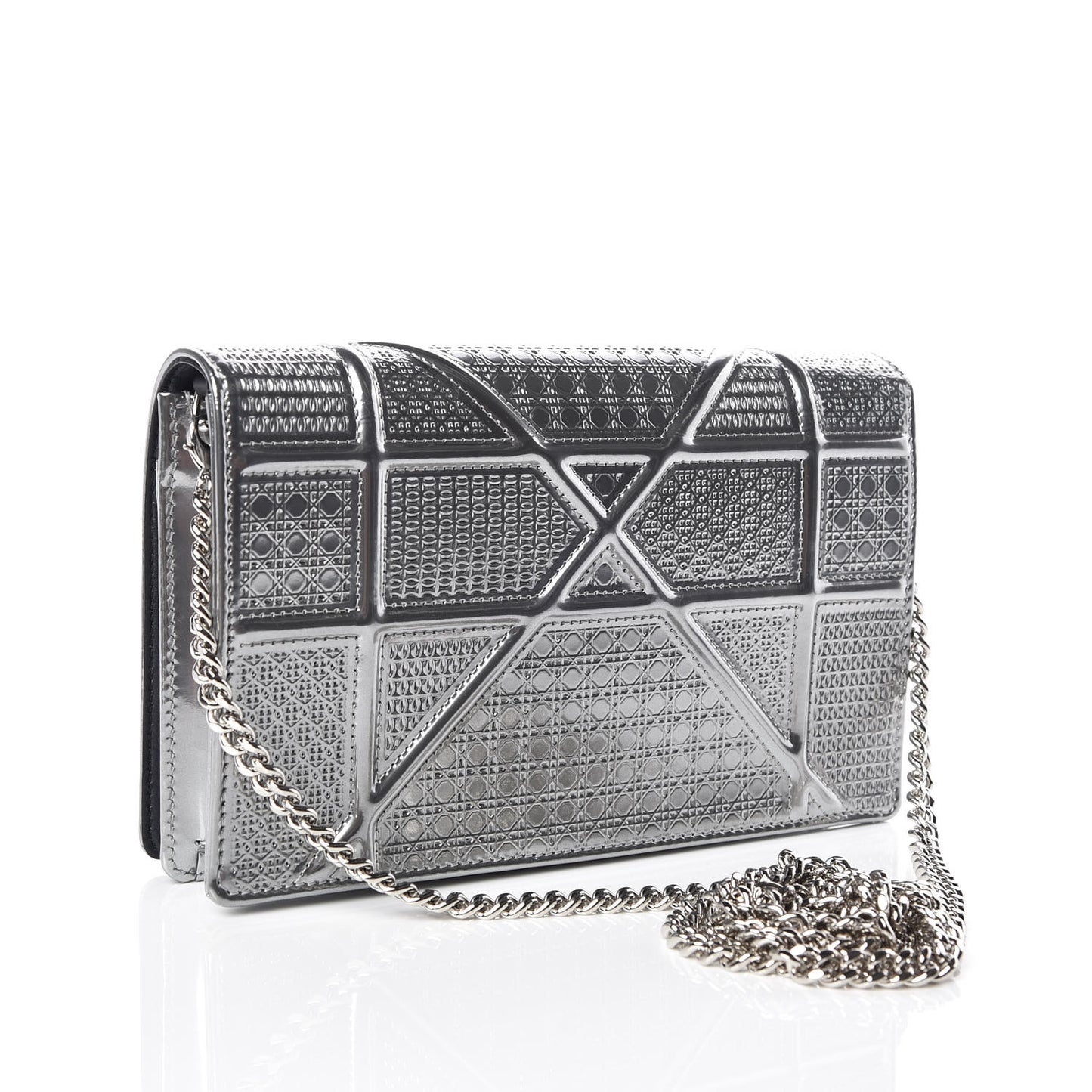 Metallic Patent Micro-Cannage Diorama Wallet on Chain Pouch Silver