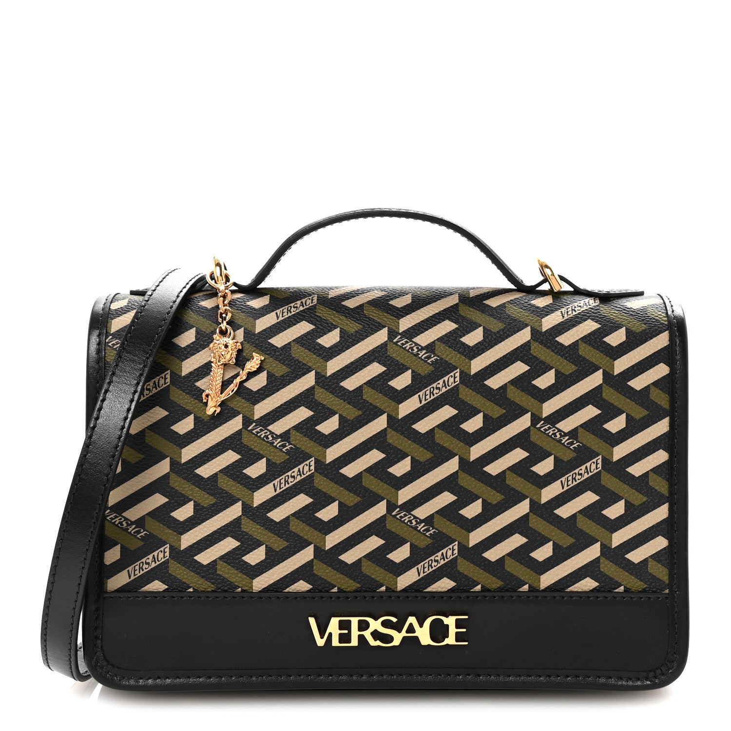 Versace Coated Canvas La Greca Signature Top Handle Bag Black Khaki 1 of 9