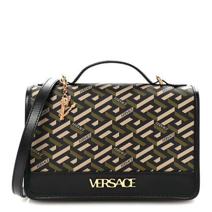 Versace Coated Canvas La Greca Signature Top Handle Bag Black Khaki 1 of 9