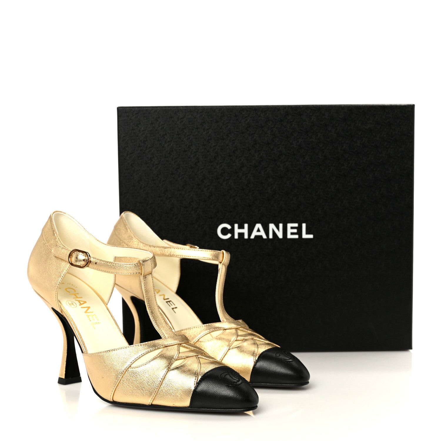 Chanel Laminated Lambskin Cap Toe CC Mary Jane Pumps 37 Gold Black 10 of 10