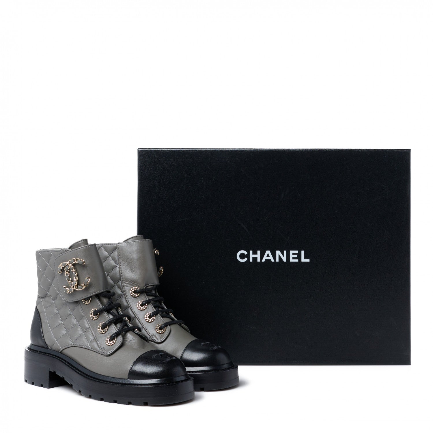 Chanel Shiny Lambskin Quilted Lace Up Combat Boots 35 Grey Black 10 of 10