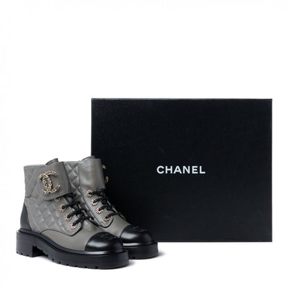 Chanel Shiny Lambskin Quilted Lace Up Combat Boots 35 Grey Black 10 of 10