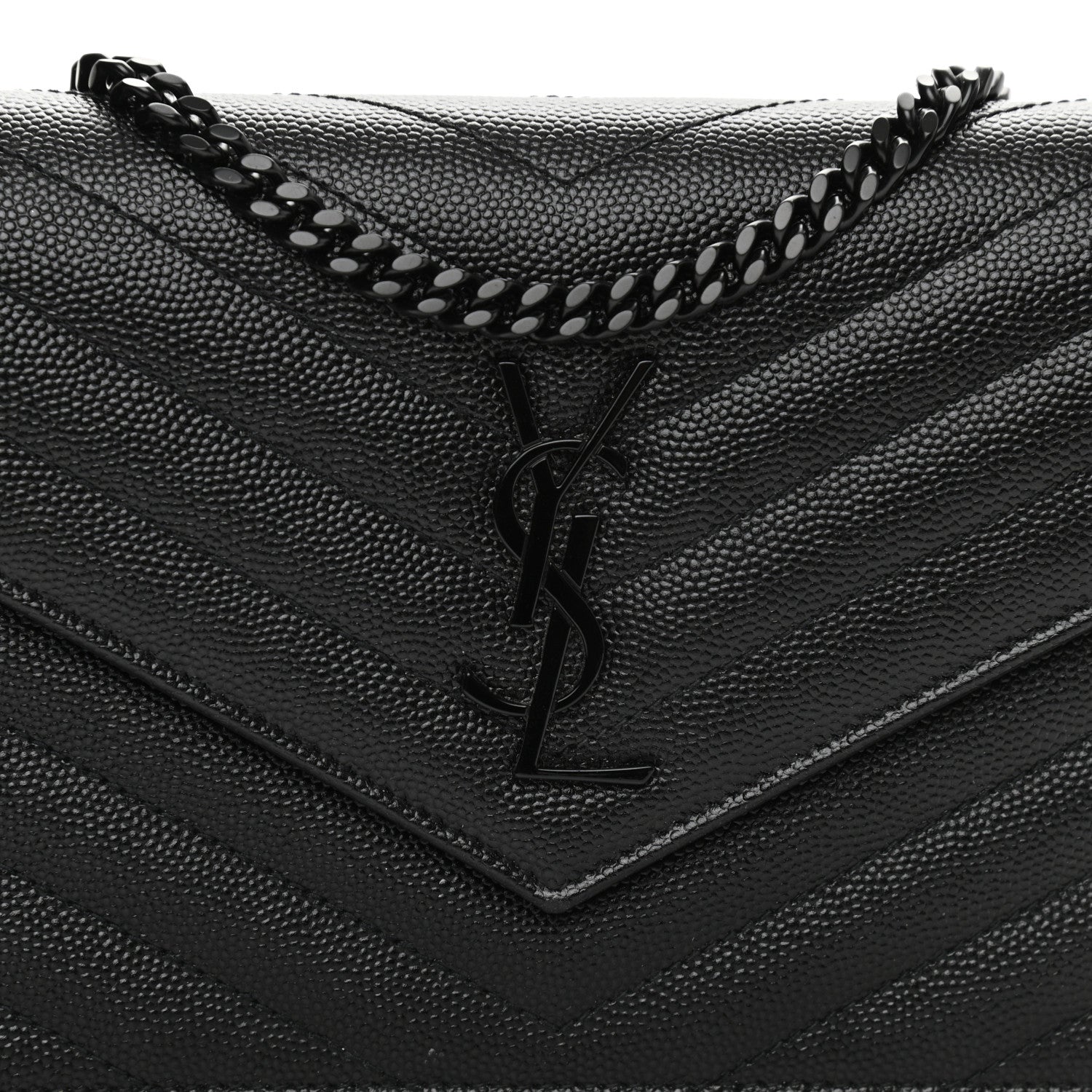 Saint Laurent Grain De Poudre Matelasse Chevron Monogram Monochrome Envelope Chain Wallet Black 7 of 9