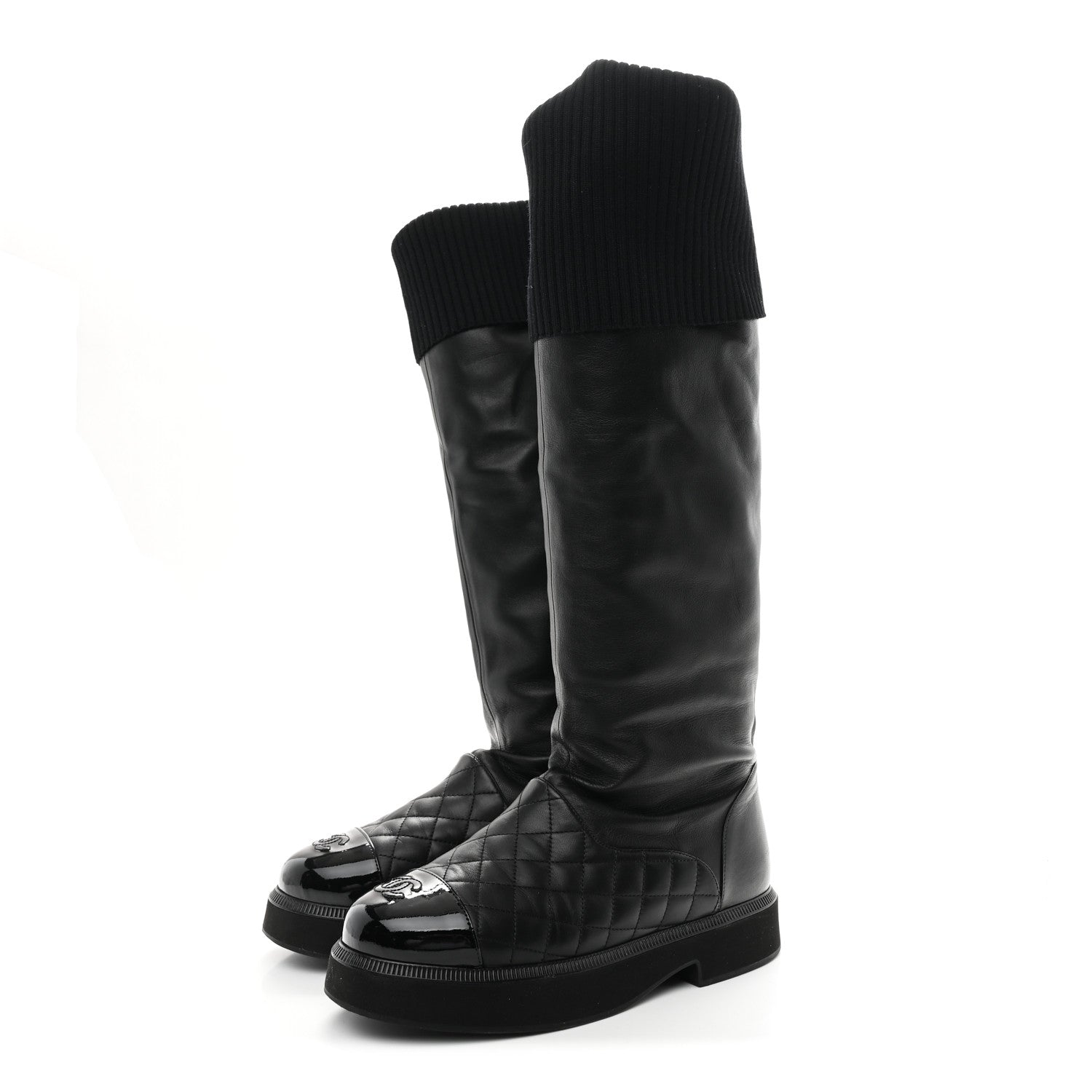 Chanel Lambskin Calfskin Quilted Knit Womens High Boots 39.5 Black 4 of 10