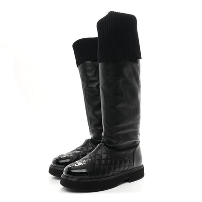 Chanel Lambskin Calfskin Quilted Knit Womens High Boots 39.5 Black 4 of 10