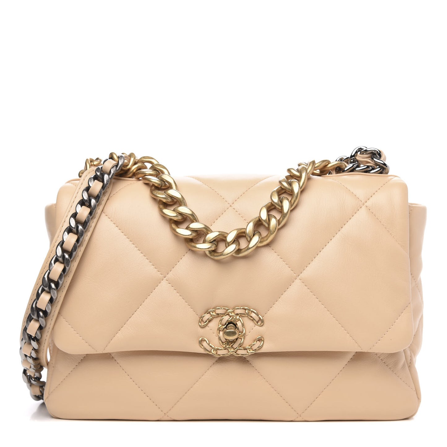 Shiny Goatskin Quilted Large Chanel 19 Flap Beige