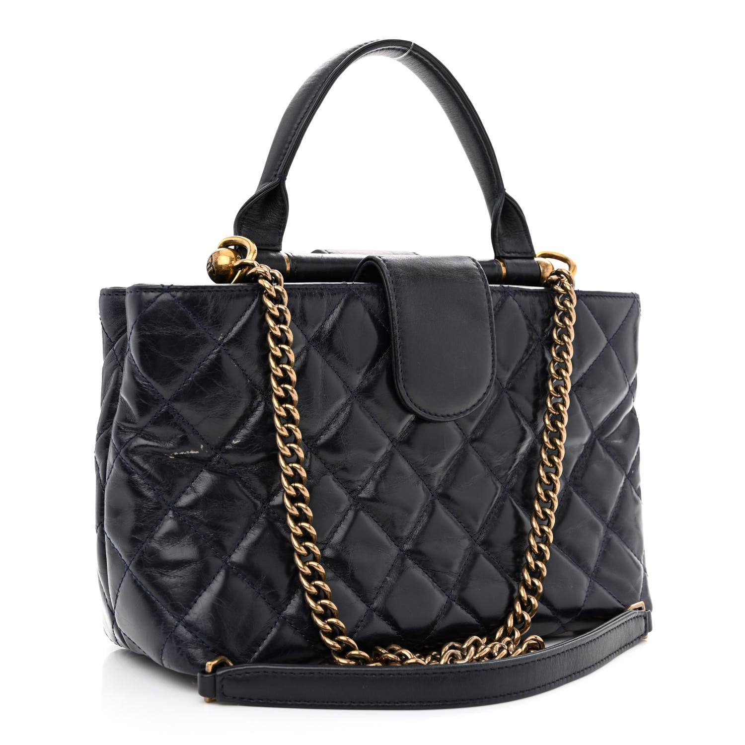Chanel Glazed Calfskin Quilted Small Gold Bar Tote Navy Blue 3 of 14