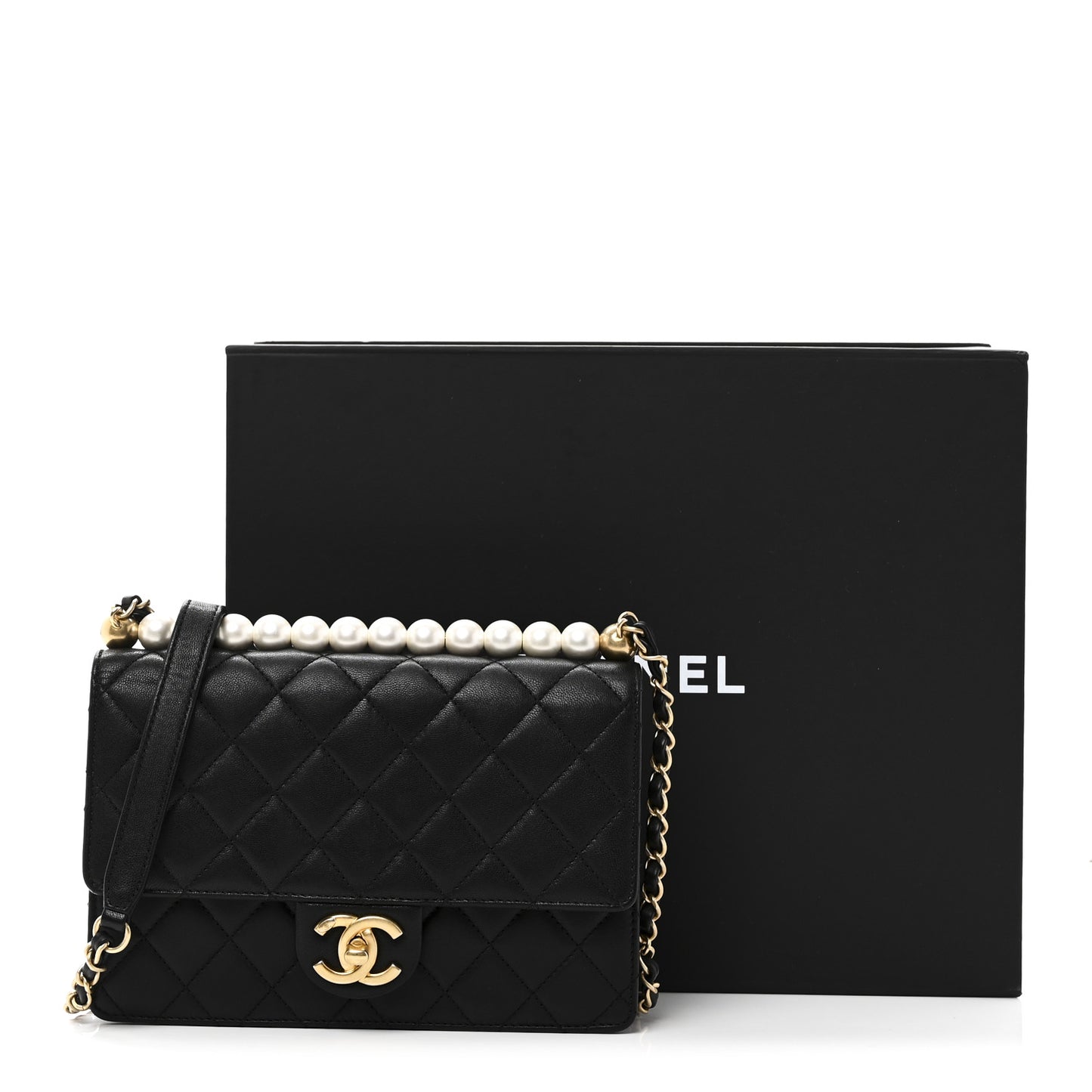 Goatskin Quilted Small Chic Pearls Flap Black Black