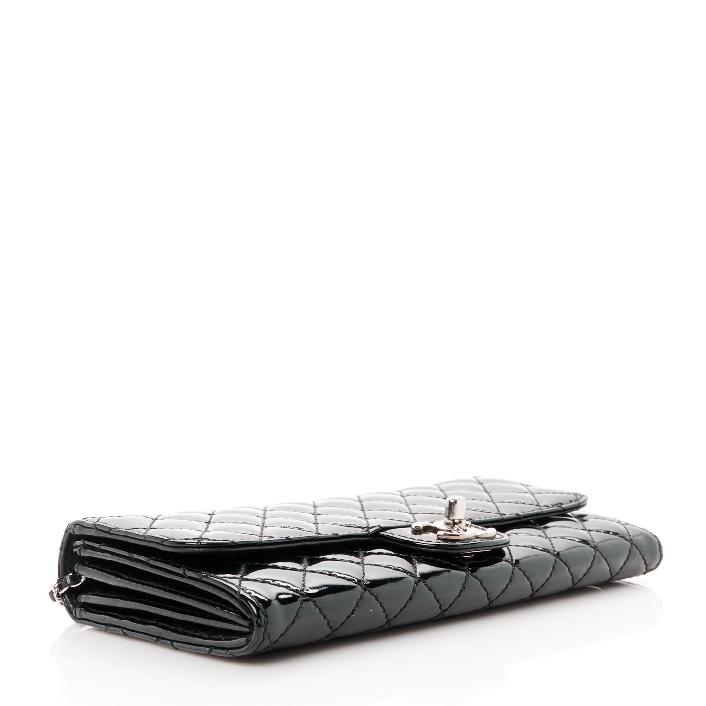 Patent Calfskin Quilted Flap Clutch With Chain Black