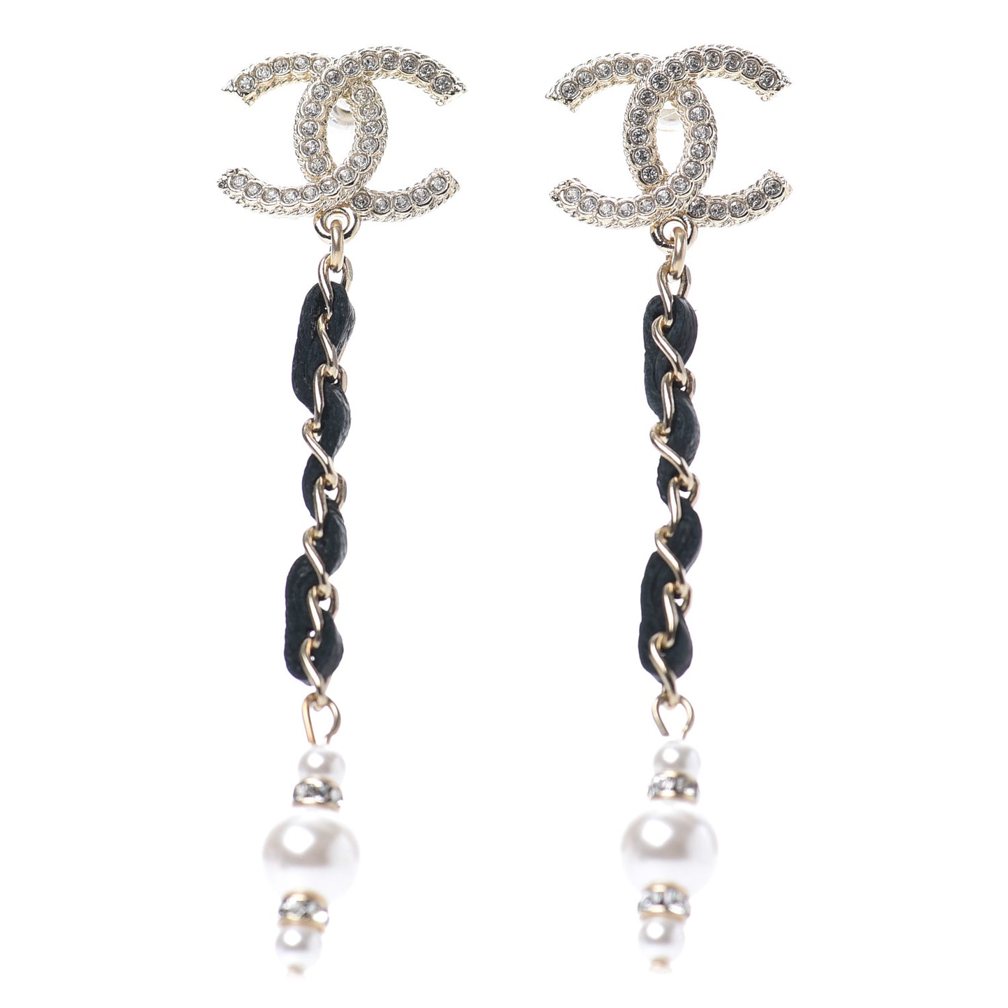 Lambskin Chain Crystal Pearl CC Drop Earrings Gold