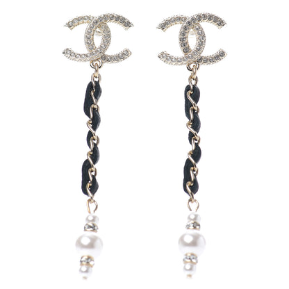 Chanel Lambskin Chain Crystal Pearl CC Drop Earrings Gold 1 of 4