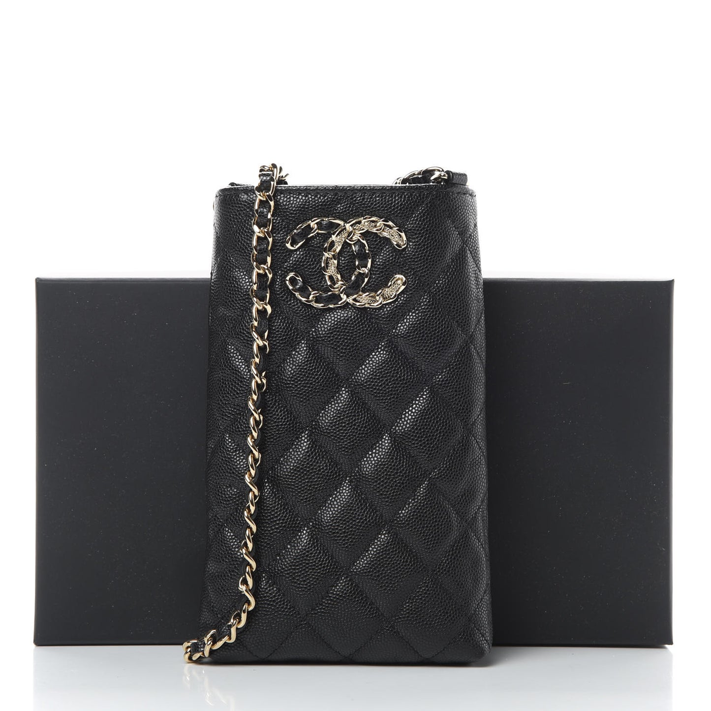 Caviar Quilted French New Wave Phone Holder With Chain Black