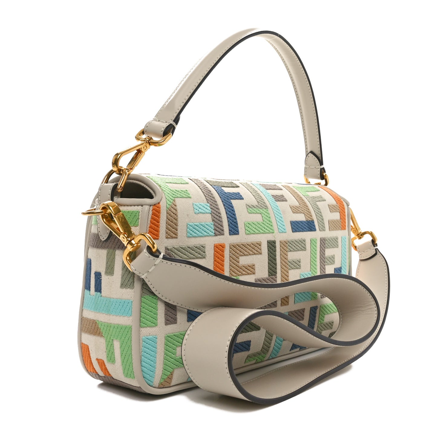 Canvas Vitello Seta FF Multicolor Embroidered Baguette Grezzo Multicolor Latte