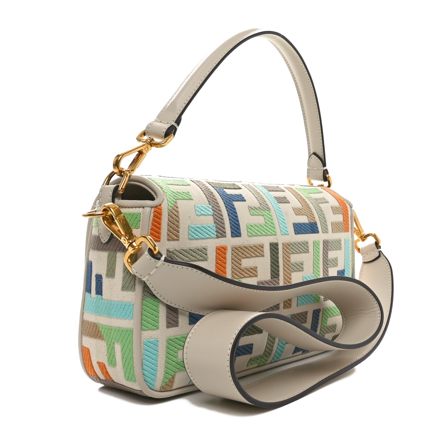 Fendi Canvas Vitello Seta FF Multicolor Embroidered Baguette Grezzo Multicolor Latte 3 of 10