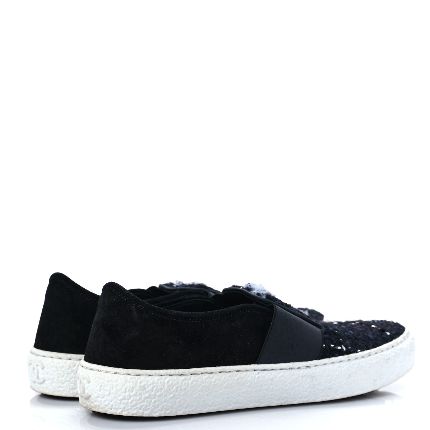 Chanel Suede Calfskin Tweed Womens Slip On Sneakers 36 Black Navy Silver 4 of 9